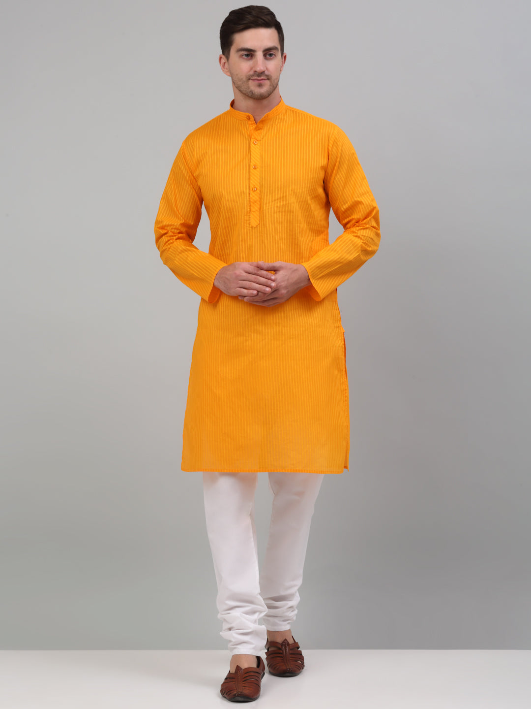Men's Mustard Cotton Striped Kurta Only