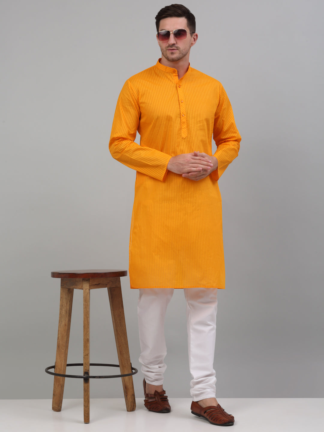 Men's Mustard Cotton Striped Kurta Only