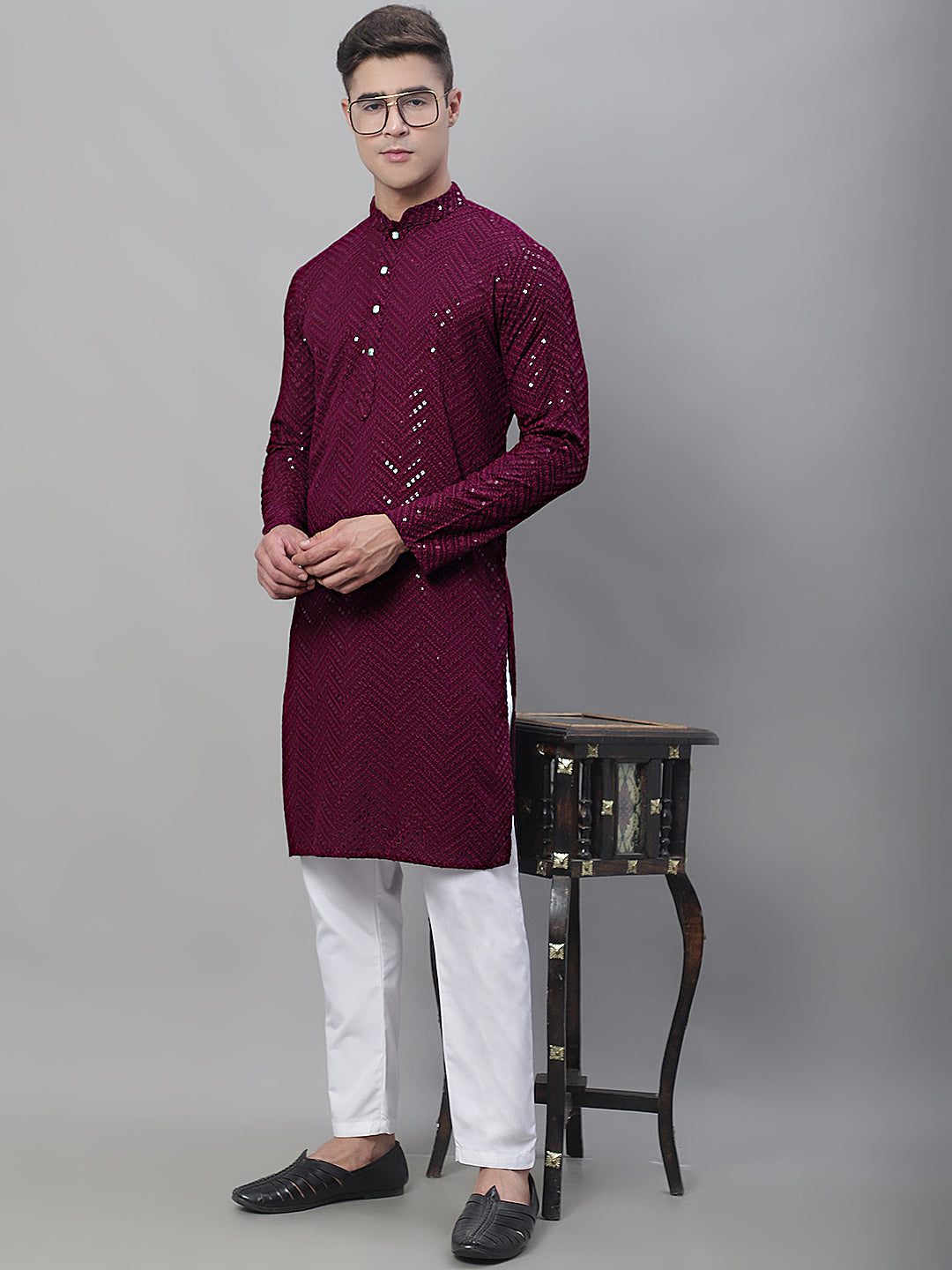 Men Purple Embroidered Sequinned Kurtas