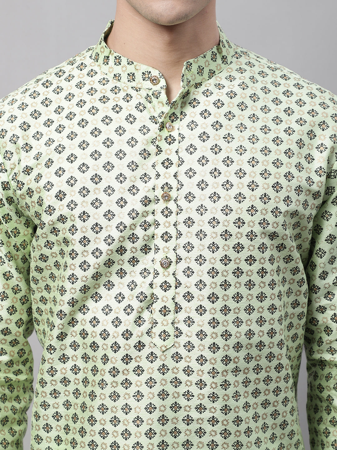 Men's Pista Green Printed Silk Blend Kurtas