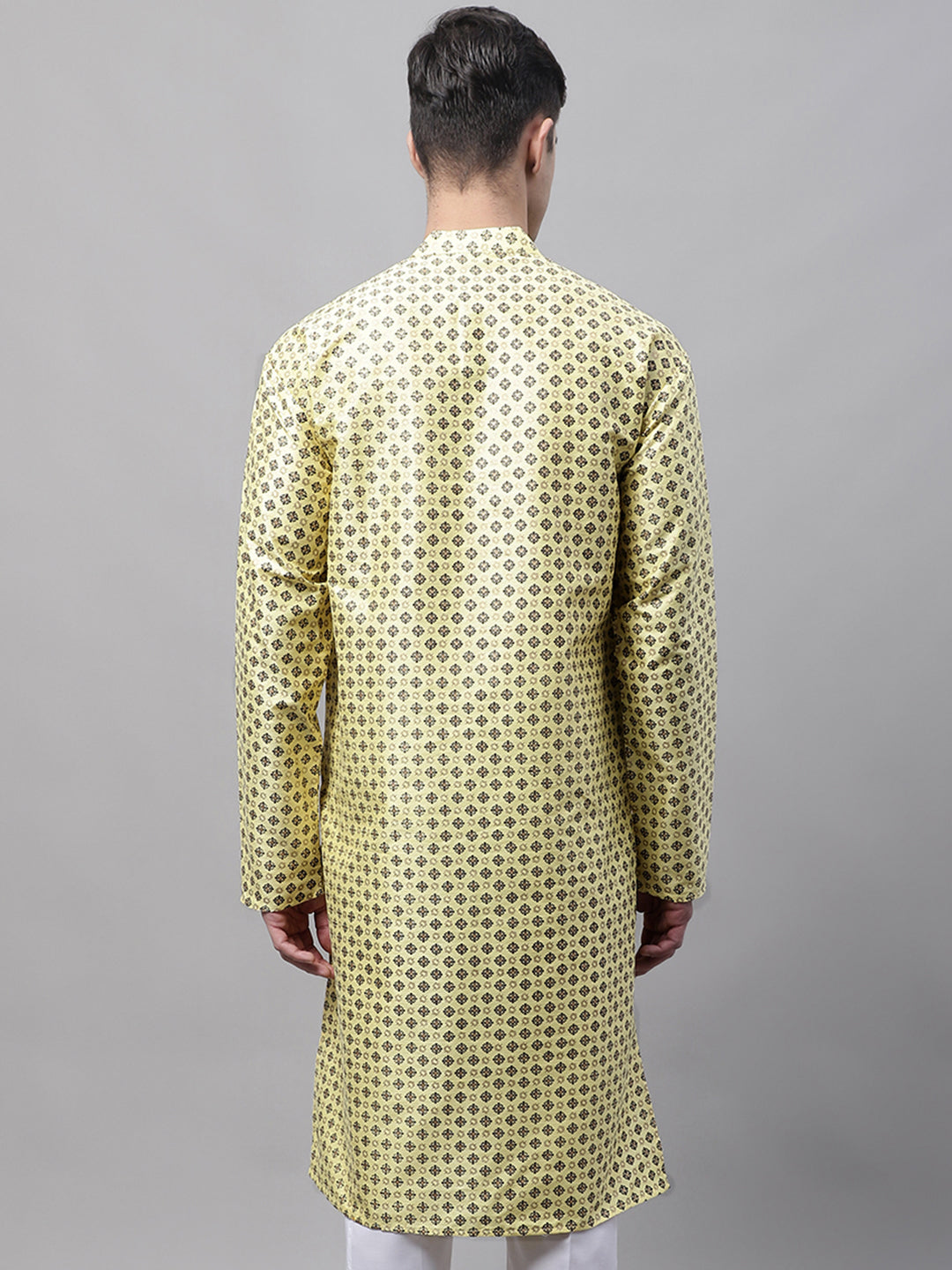 Men's Yellow Printed Silk Blend Kurtas