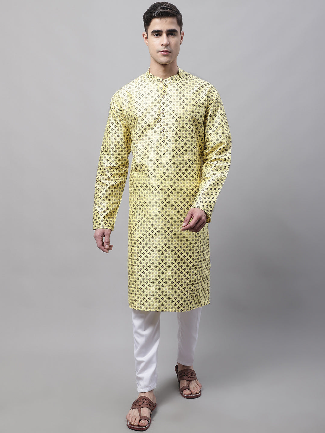 Men's Yellow Printed Silk Blend Kurtas