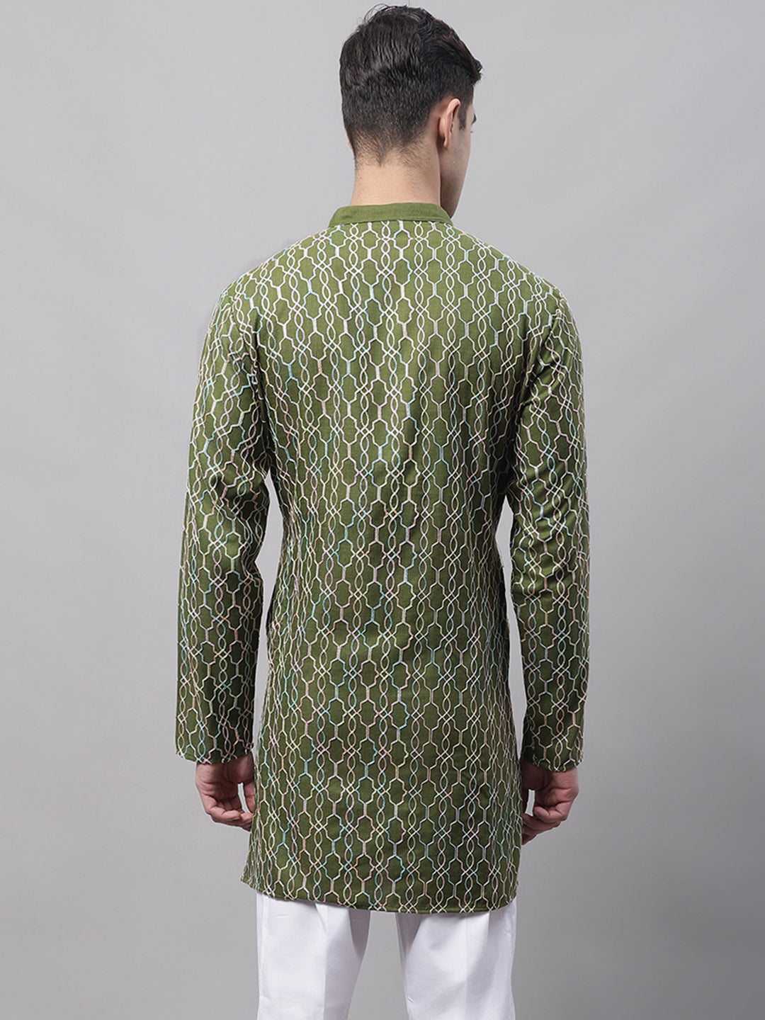 Men's Olive Green and Multi Coloured Embroidered Straight Kurtas