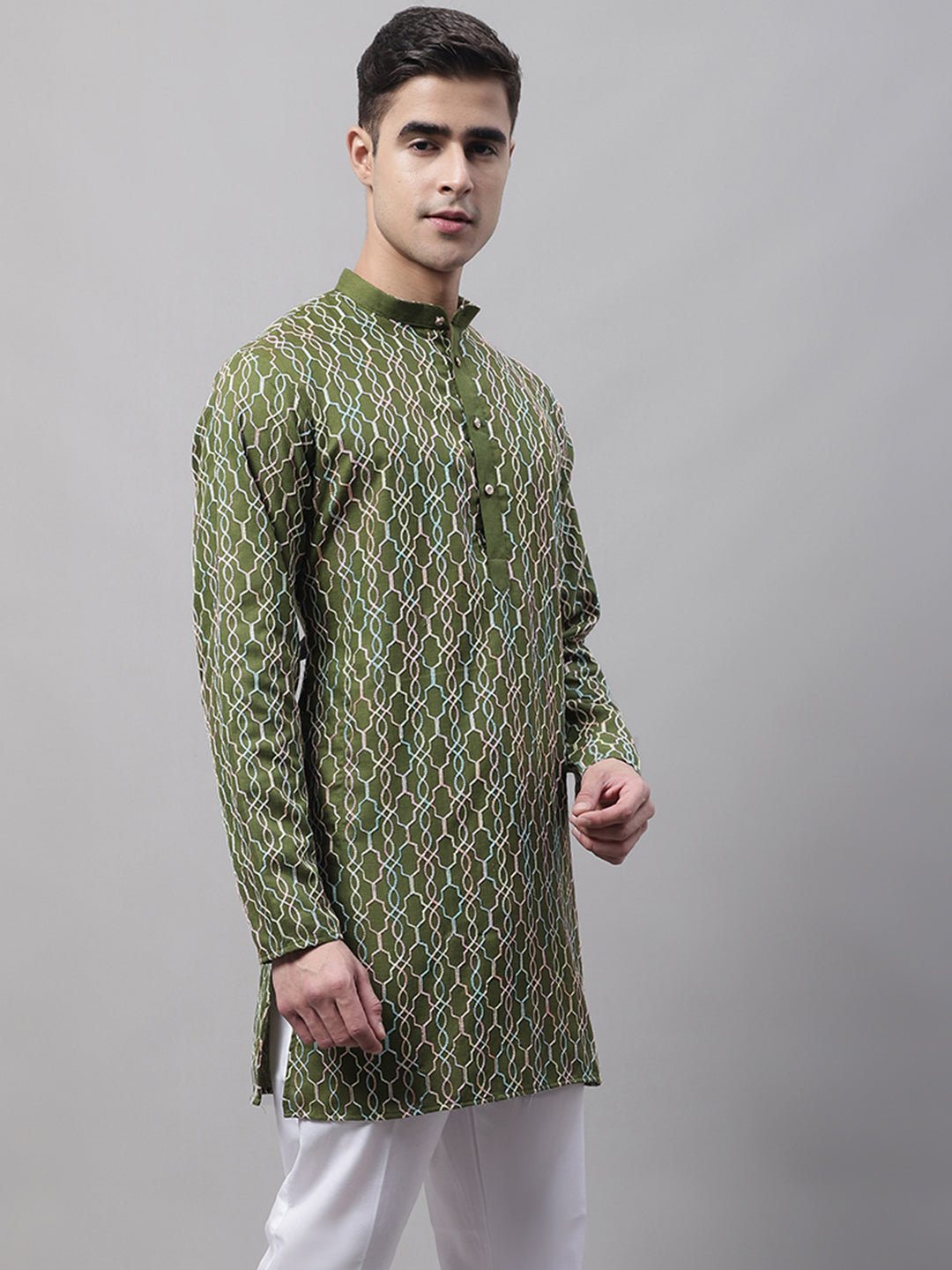 Men's Olive Green and Multi Coloured Embroidered Straight Kurtas