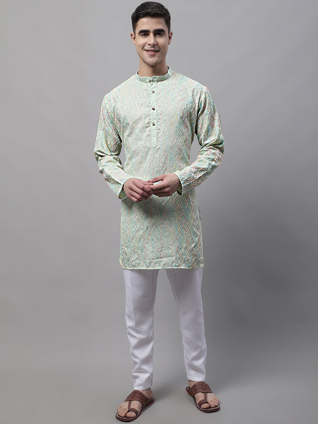Men's Pista  Green and Multi Coloured Embroidered Straight Kurtas