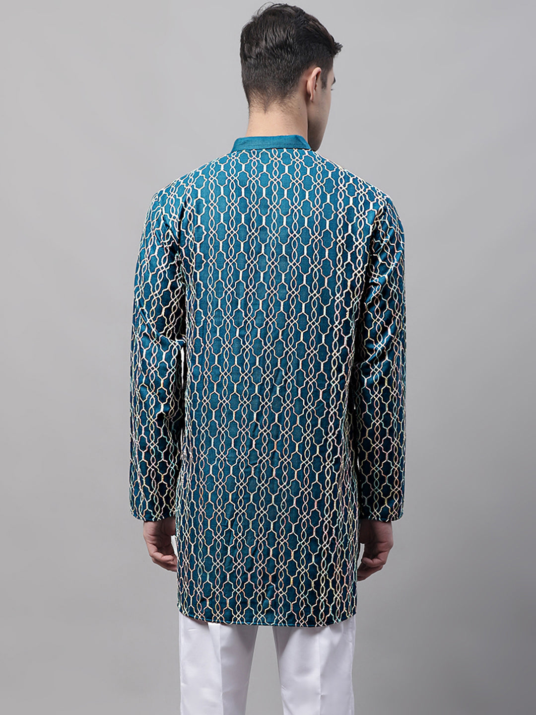 Men's Teal Blue and Multi Coloured Embroidered Straight Kurtas