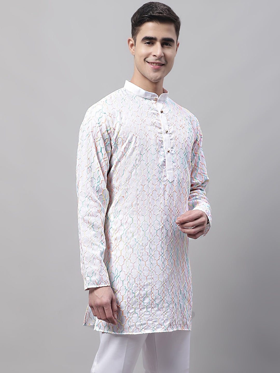 Men's White and Multi Coloured Embroidered Straight Kurtas