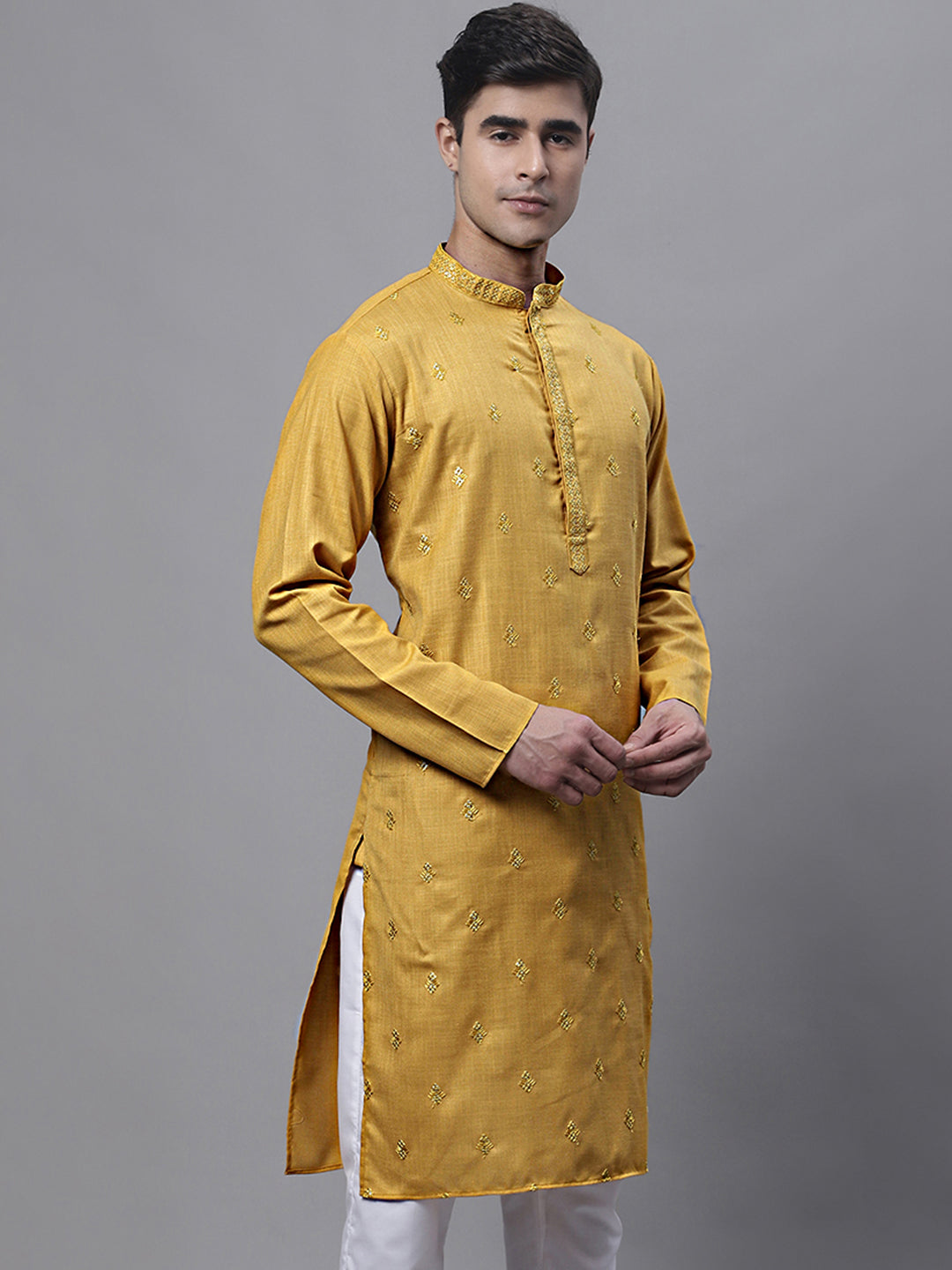 Men's Mustard Embroidered Straight Kurtas