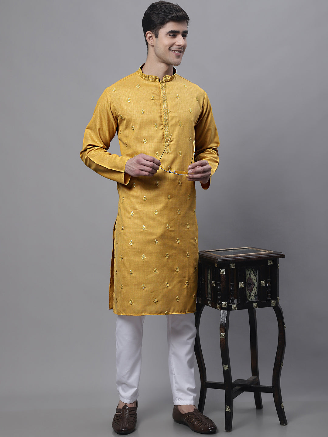 Men's Mustard Embroidered Straight Kurtas