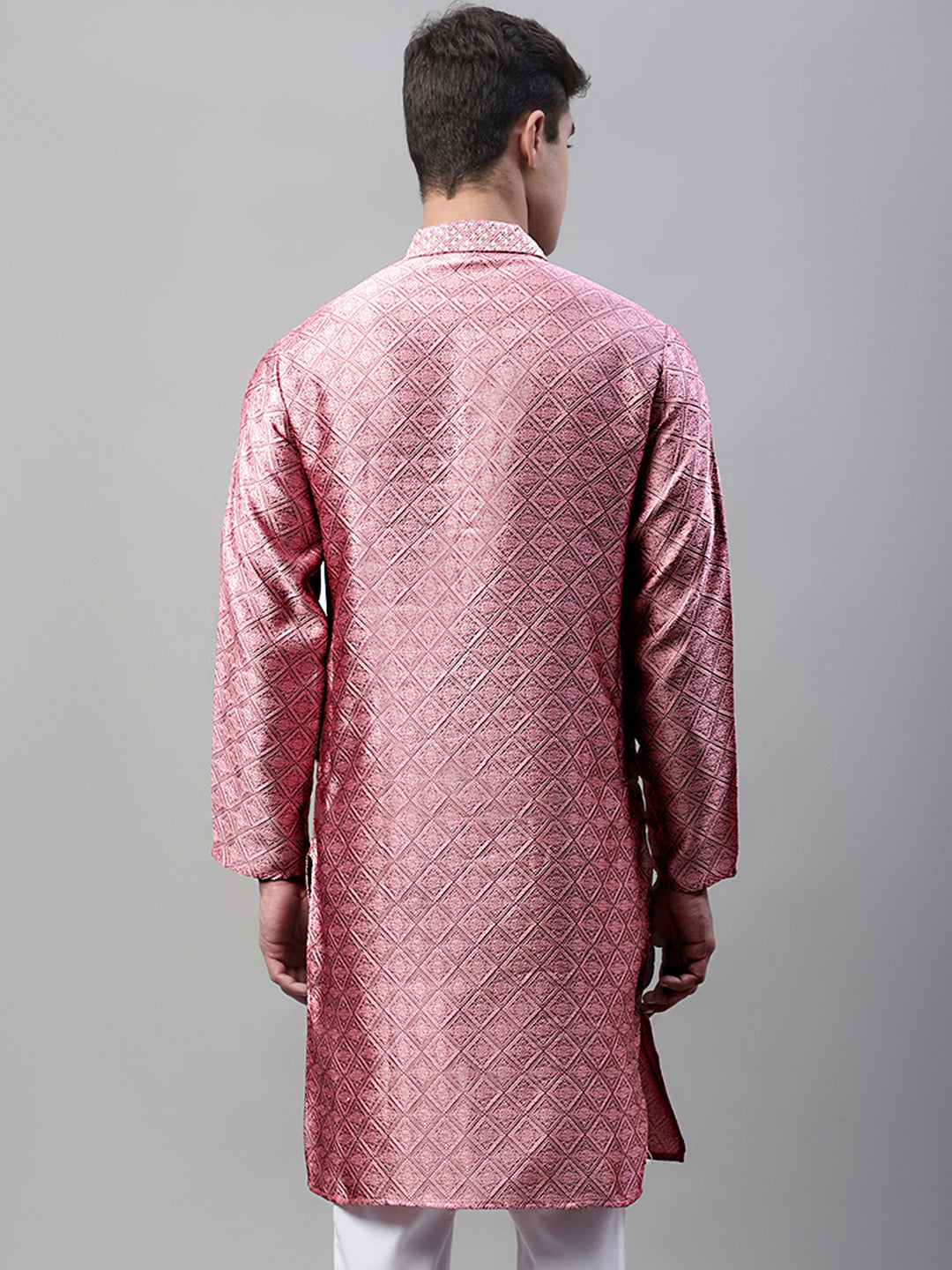 Men's Pink Jacquard Silk Collar Embroidered Kurtas