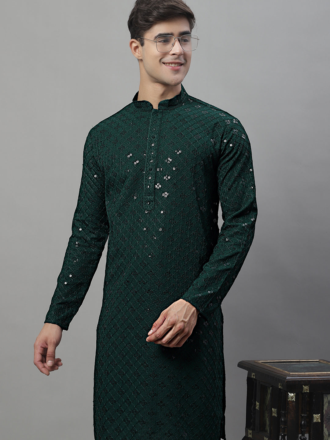 Men's Olive Green Chikankari Embroidered and Sequence Kurtas
