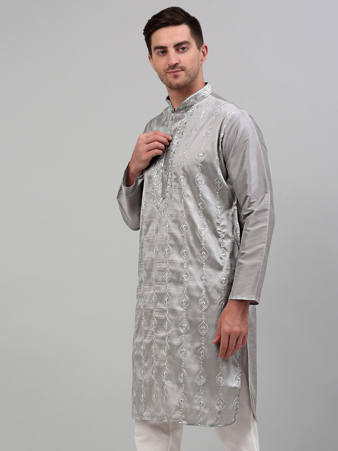 Men's Grey Embroidered Kurta Only