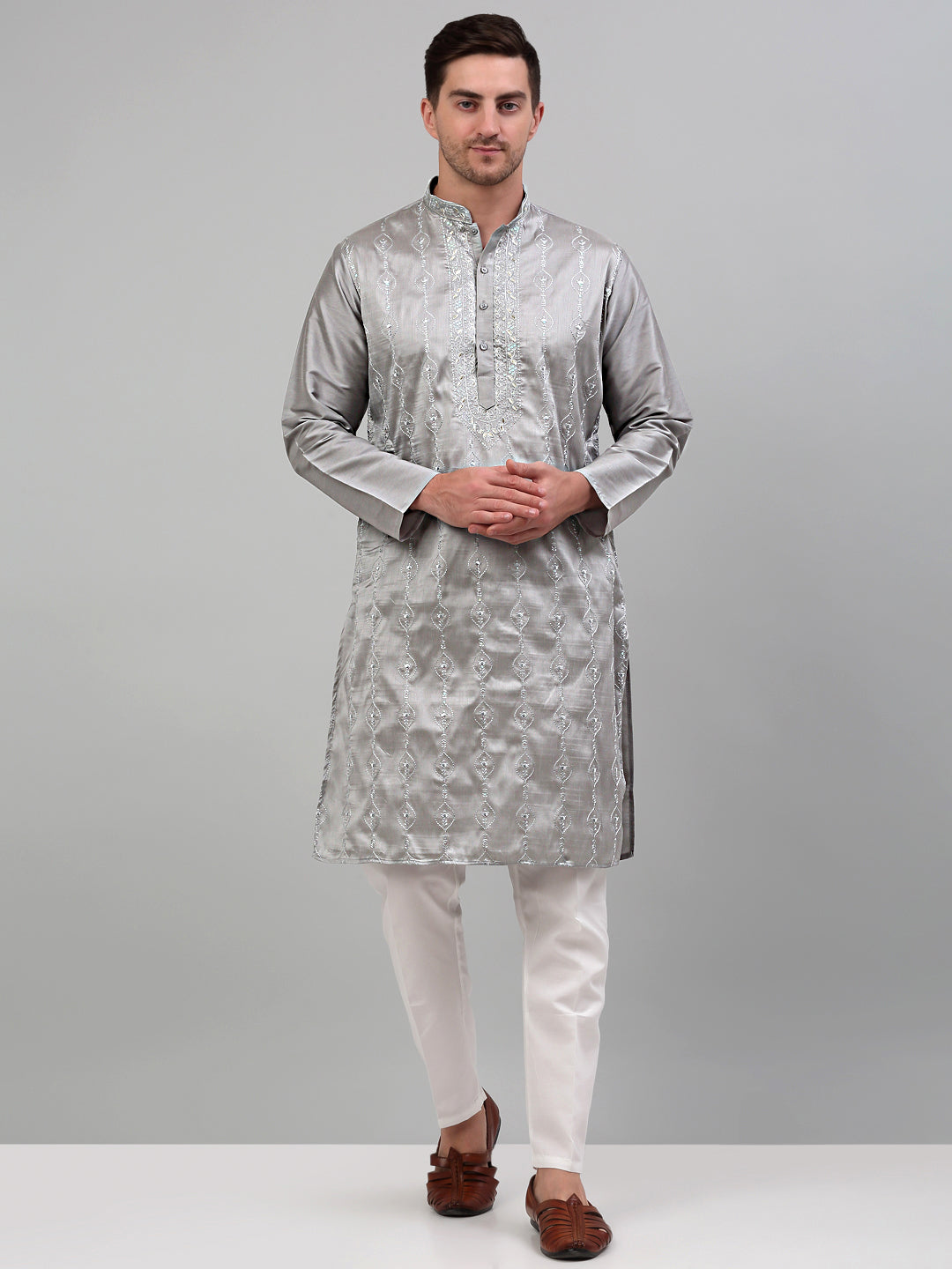 Men's Grey Embroidered Kurta Only
