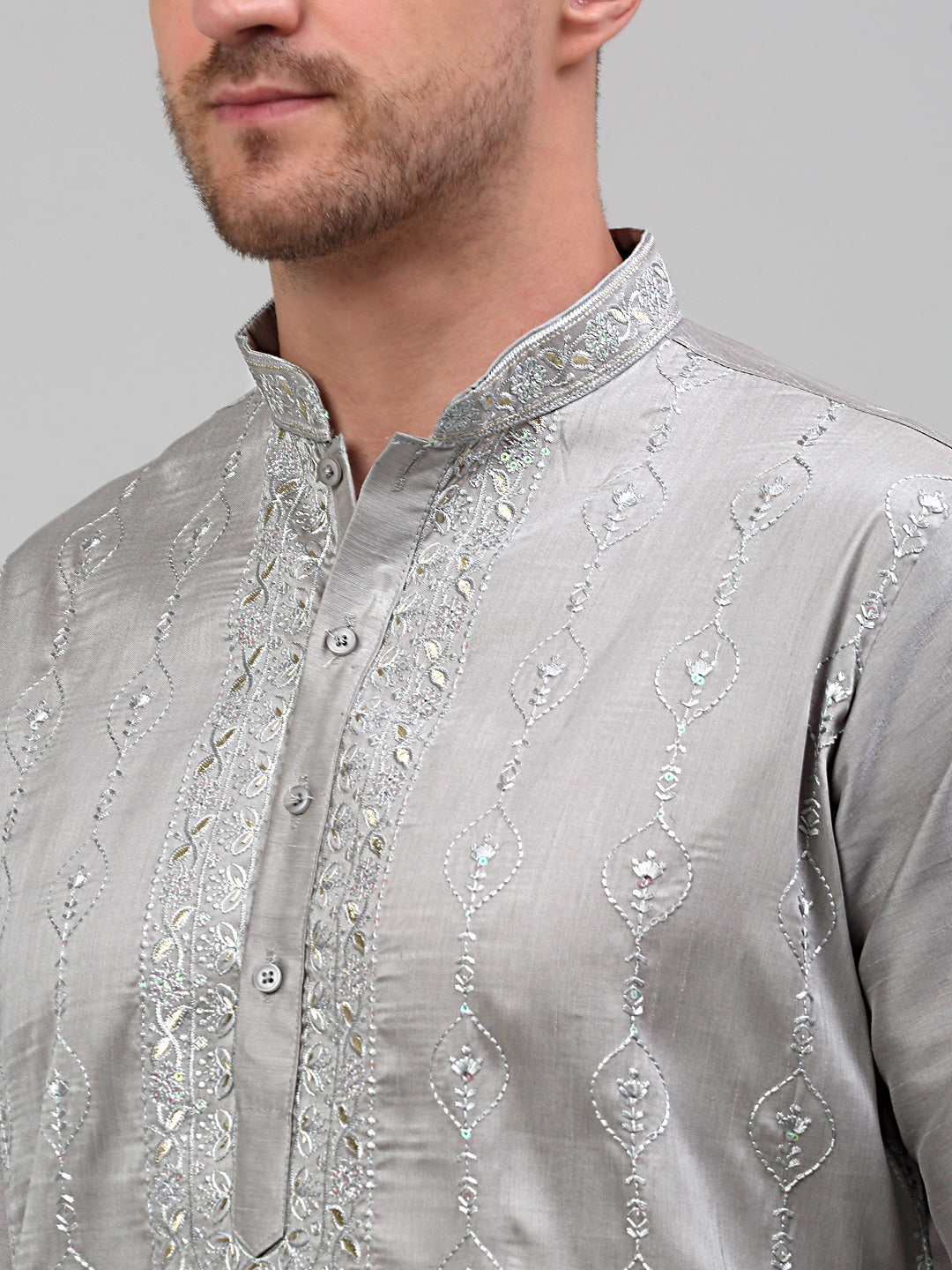Men's Grey Embroidered Kurta Only