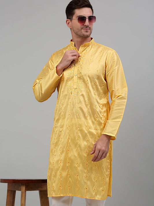 Men's Yellow Embroidered Kurta Only