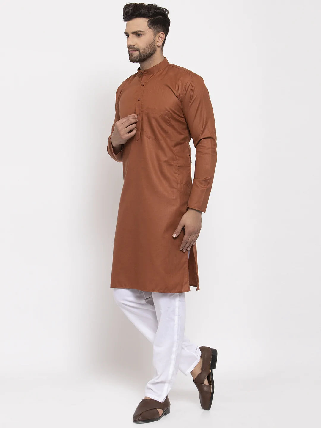 Jompers Men's Brown Cotton Solid Kurta Payjama Sets ( JOKP 611 Brown )