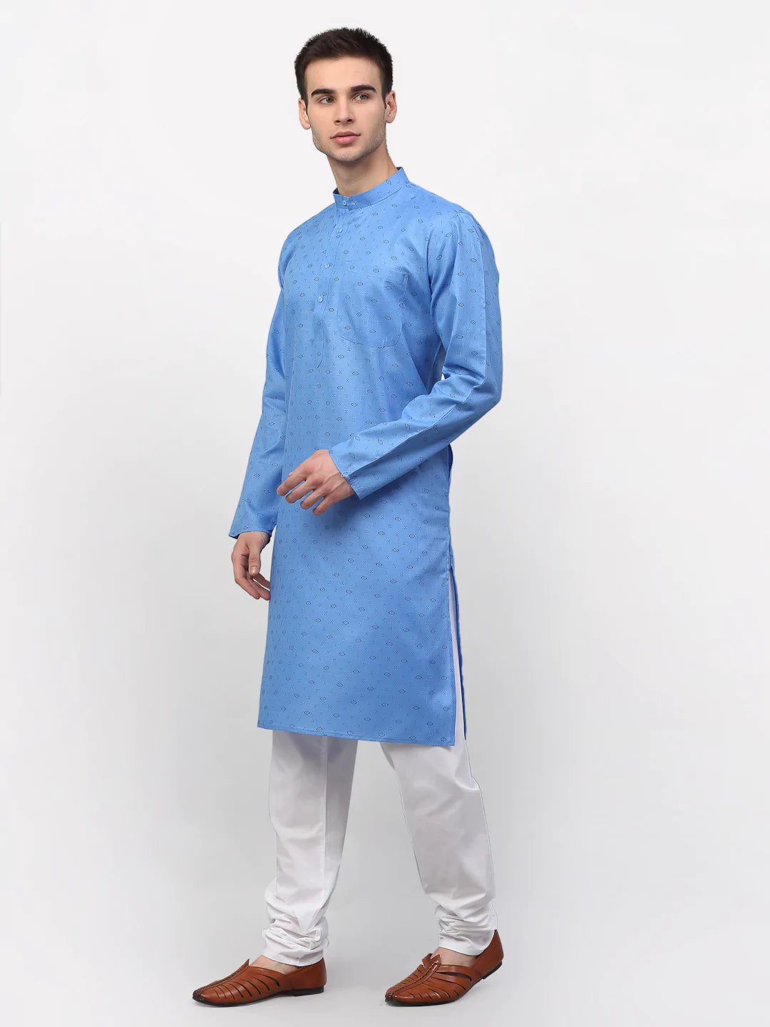 Jompers Men's Sky Printed Cotton Kurta Payjama Sets ( JOKP 614 Sky )