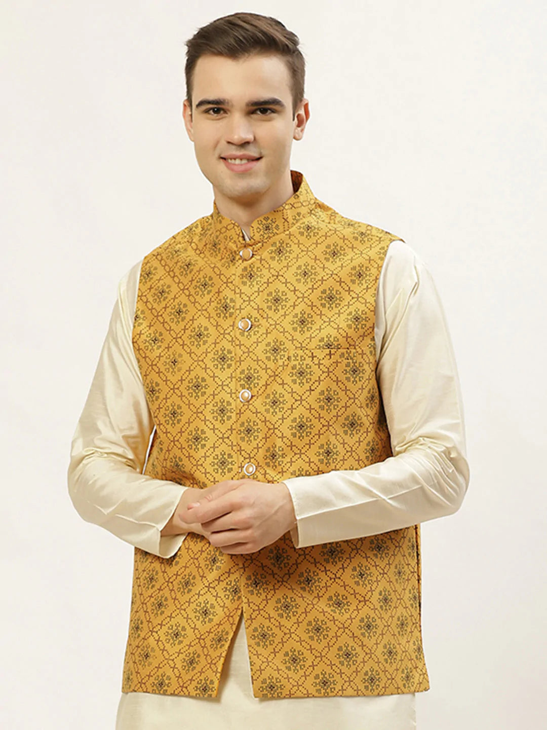Jompers Men's Mustard Printed Nehru Jacket ( JOWC 4031Mustard )
