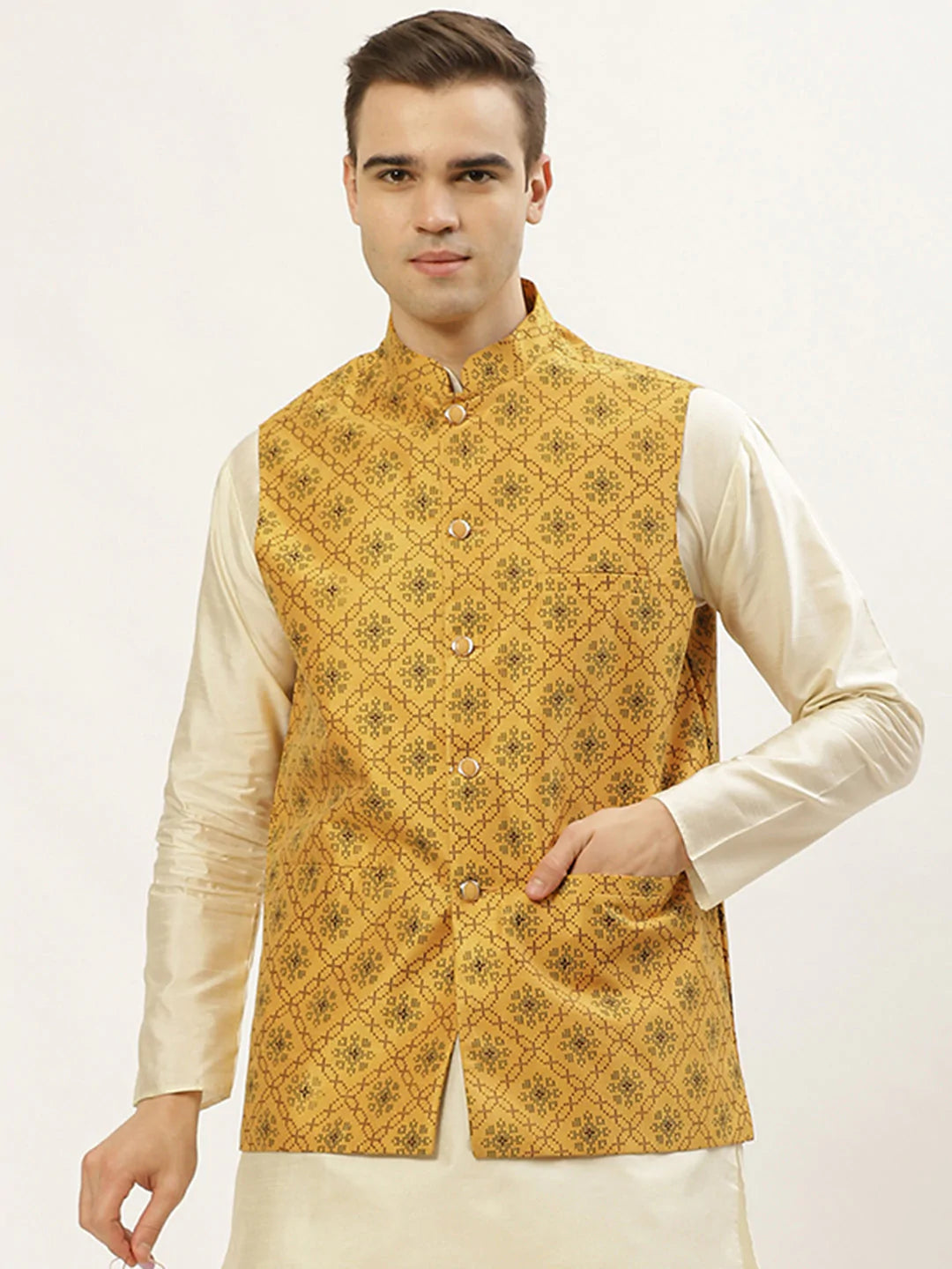 Jompers Men's Mustard Printed Nehru Jacket ( JOWC 4031Mustard )
