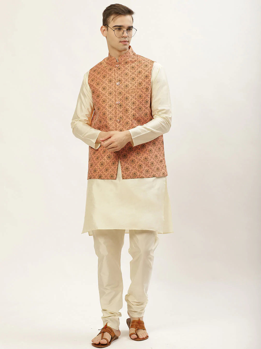 Jompers Men's Orange Printed Nehru Jacket ( JOWC 4031Orange )