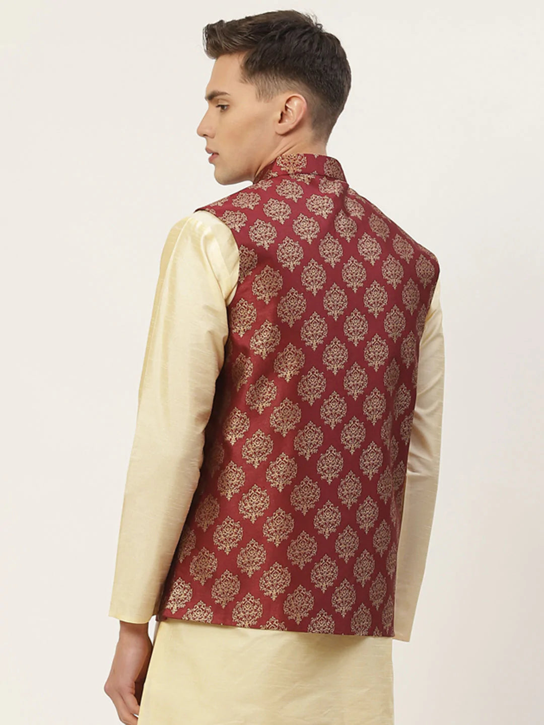 Jompers Men's Maroon Printed Nehru Jacket ( JOWC 4032Maroon )