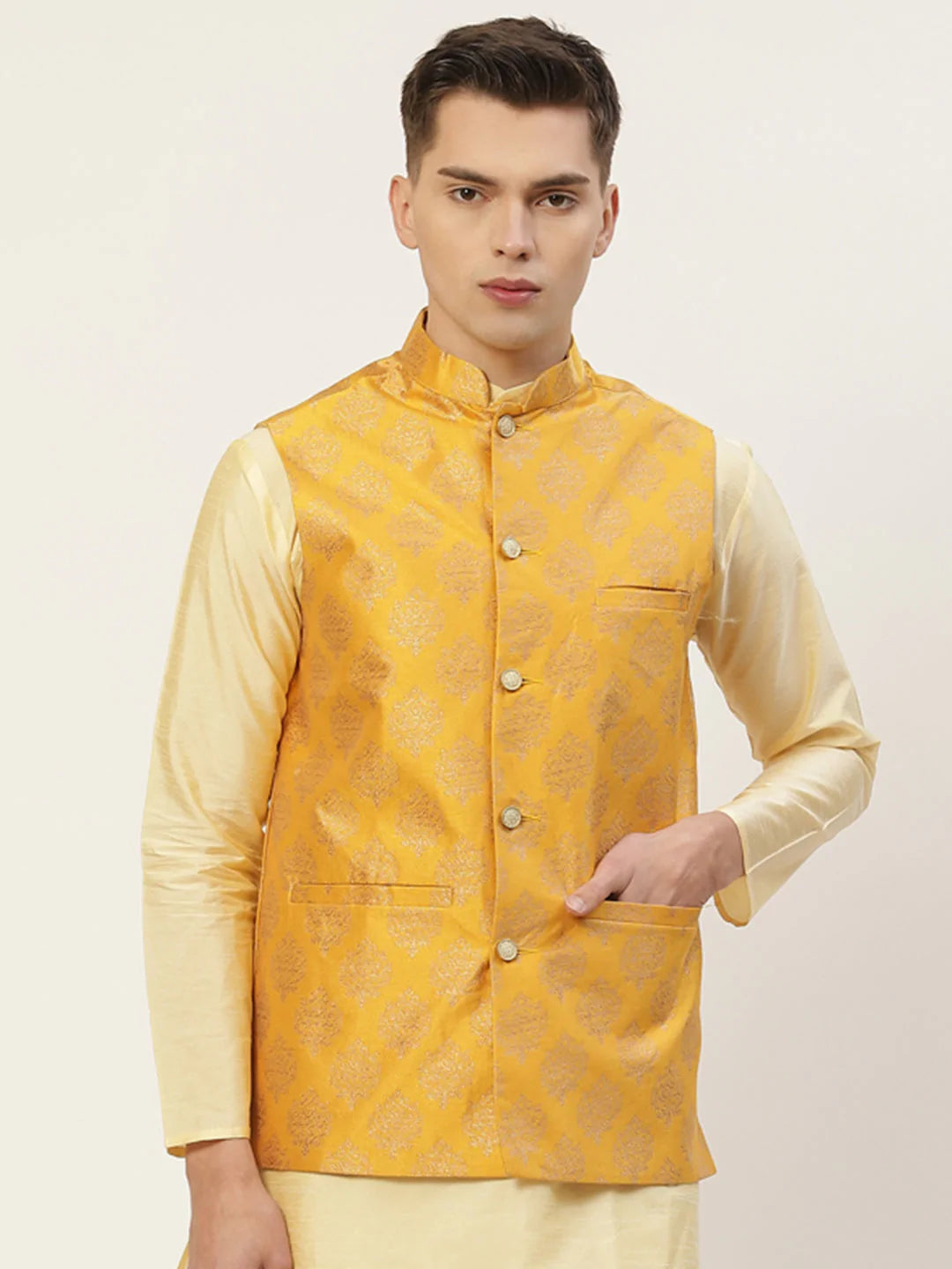Jompers Men's Mustard Printed Nehru Jacket ( JOWC 4032Mustard )