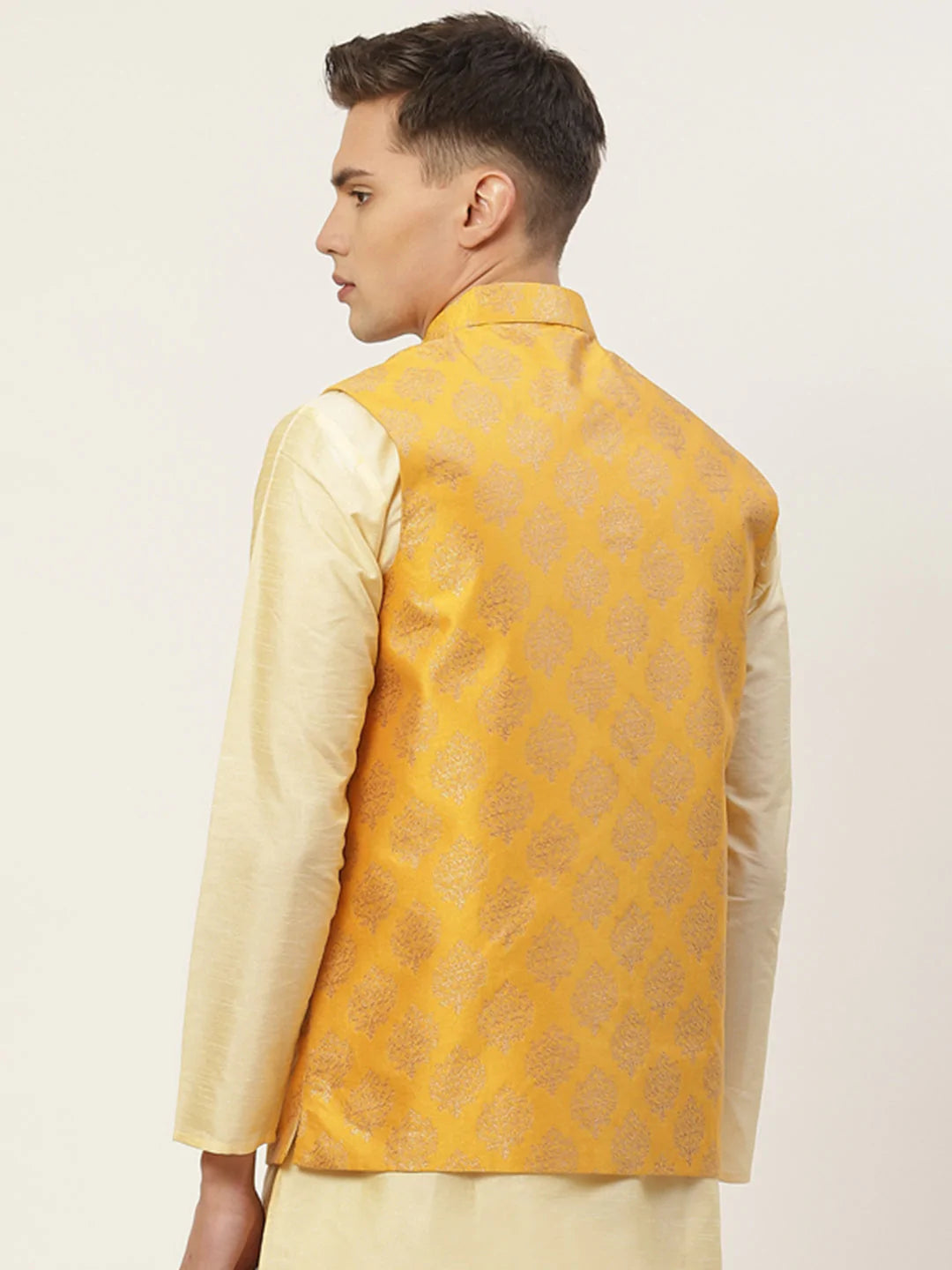 Jompers Men's Mustard Printed Nehru Jacket ( JOWC 4032Mustard )