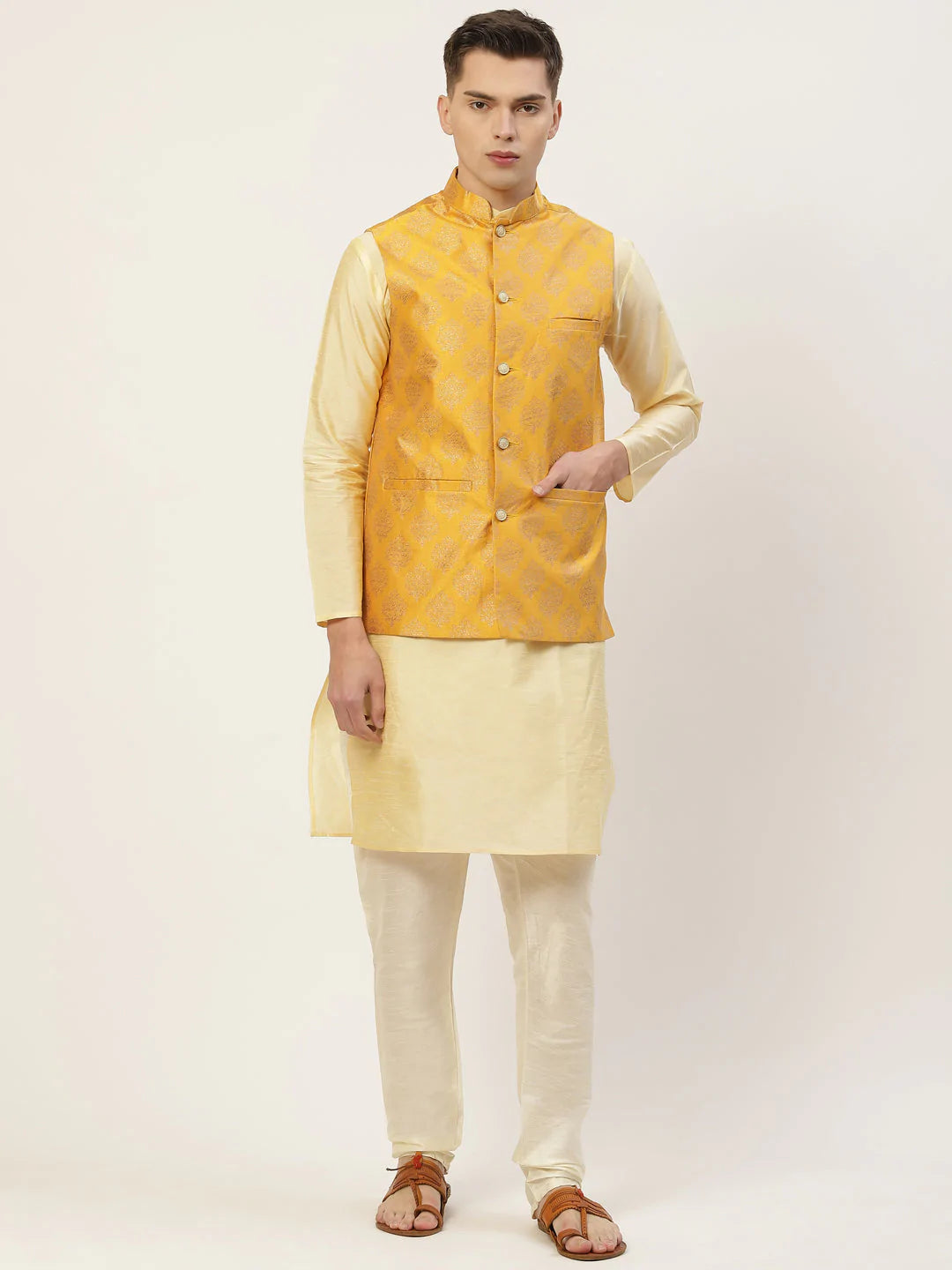 Jompers Men's Mustard Printed Nehru Jacket ( JOWC 4032Mustard )