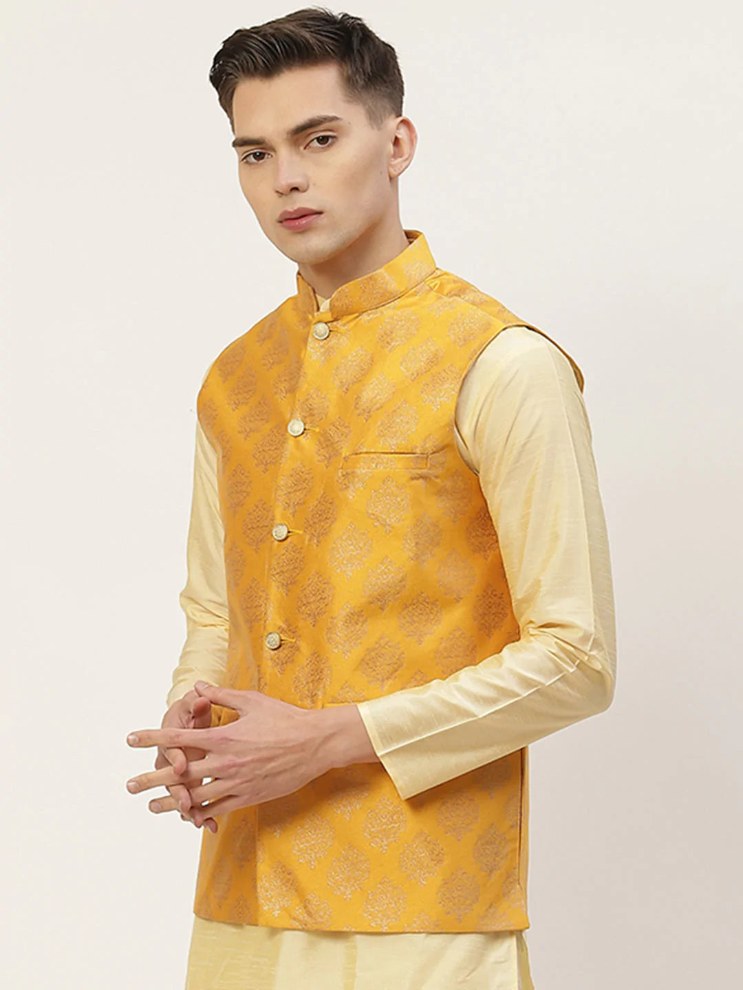 Jompers Men's Mustard Printed Nehru Jacket ( JOWC 4032Mustard )