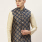Jompers Men's Navy Printed Nehru Jacket ( JOWC 4032Navy )