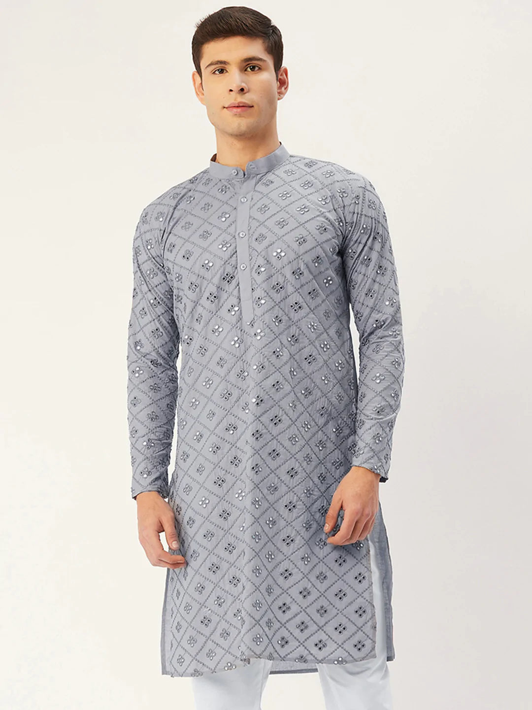 Jompers Men's Grey Embroidered Mirror Work Kurta Only ( KO 646 Grey )