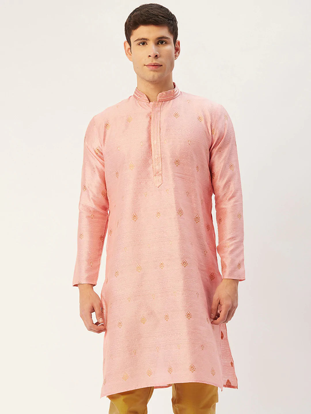 Jompers Men's Pink Coller Embroidered Woven Design Kurta Only ( KO 649 Pink )