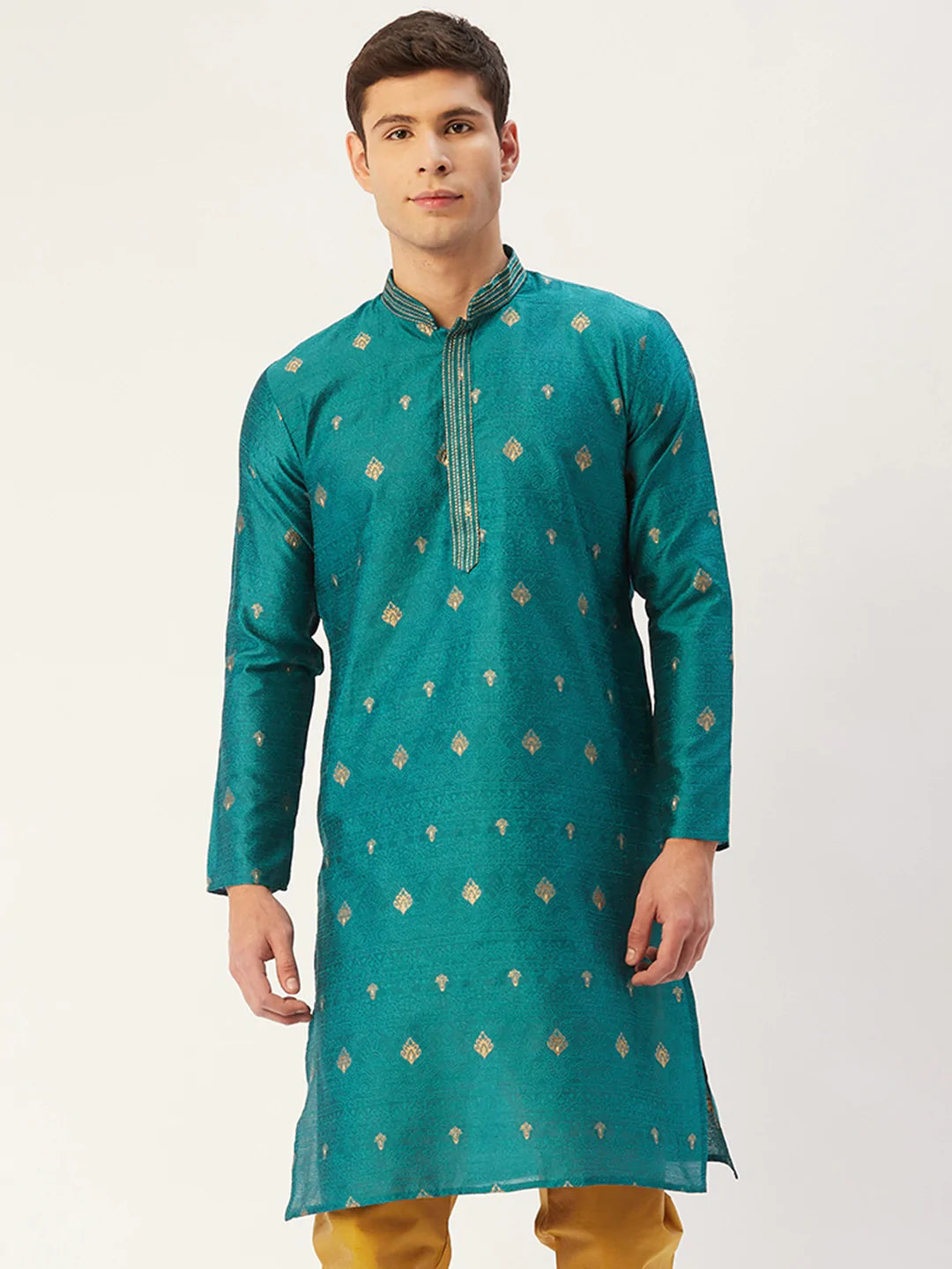 Jompers Men's Teal Coller Embroidered Woven Design Kurta Only ( KO 649 Teal )