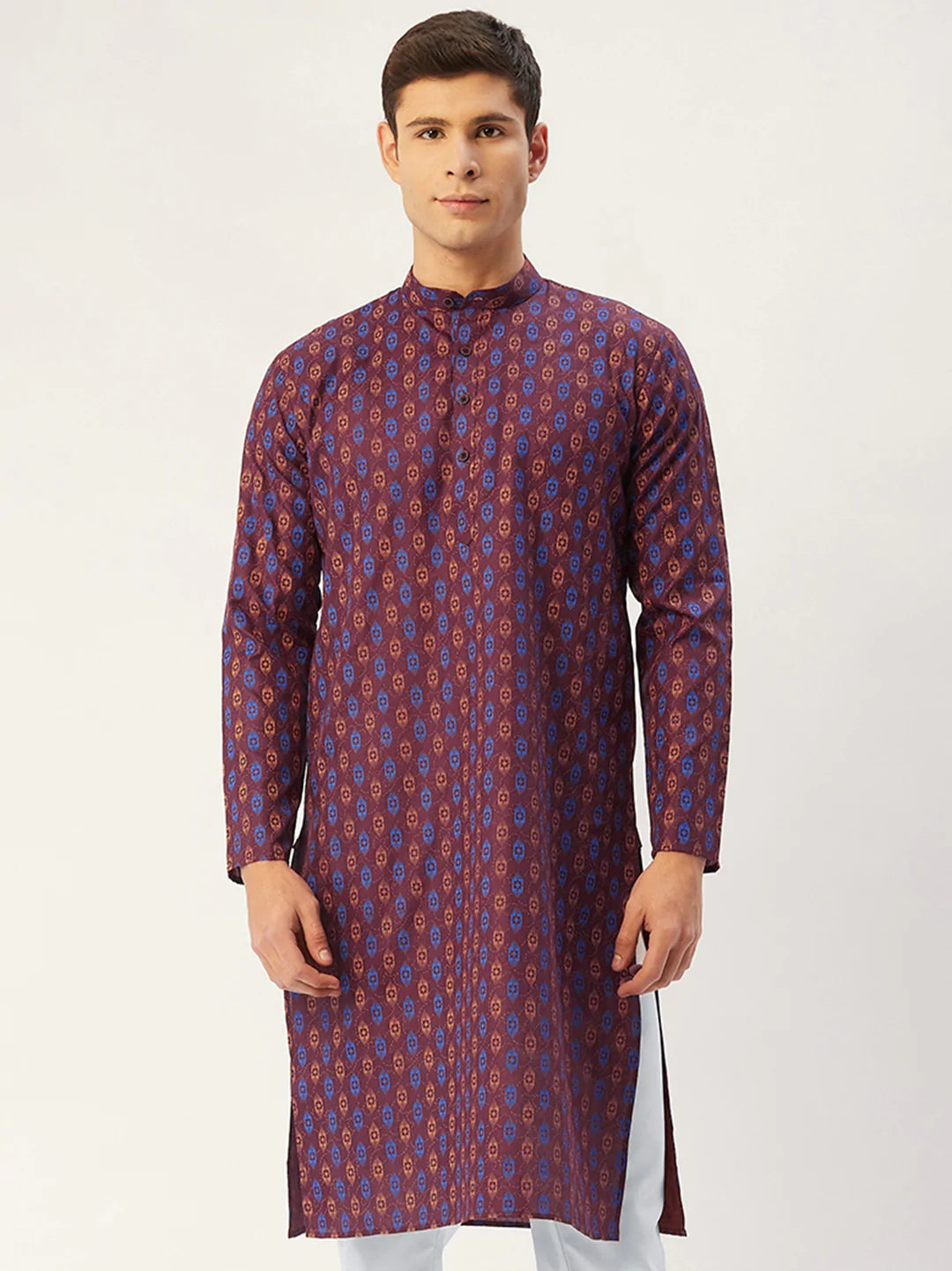 Jompers Men's Maroon Cotton Ikat printed kurta Only( KO 651 Maroon )