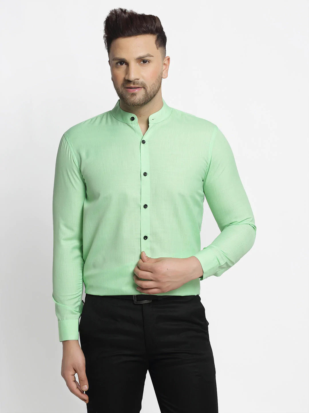 Jainish Green Men's Cotton Solid Mandarin Collar Formal Shirts ( SF 726Light-Green )