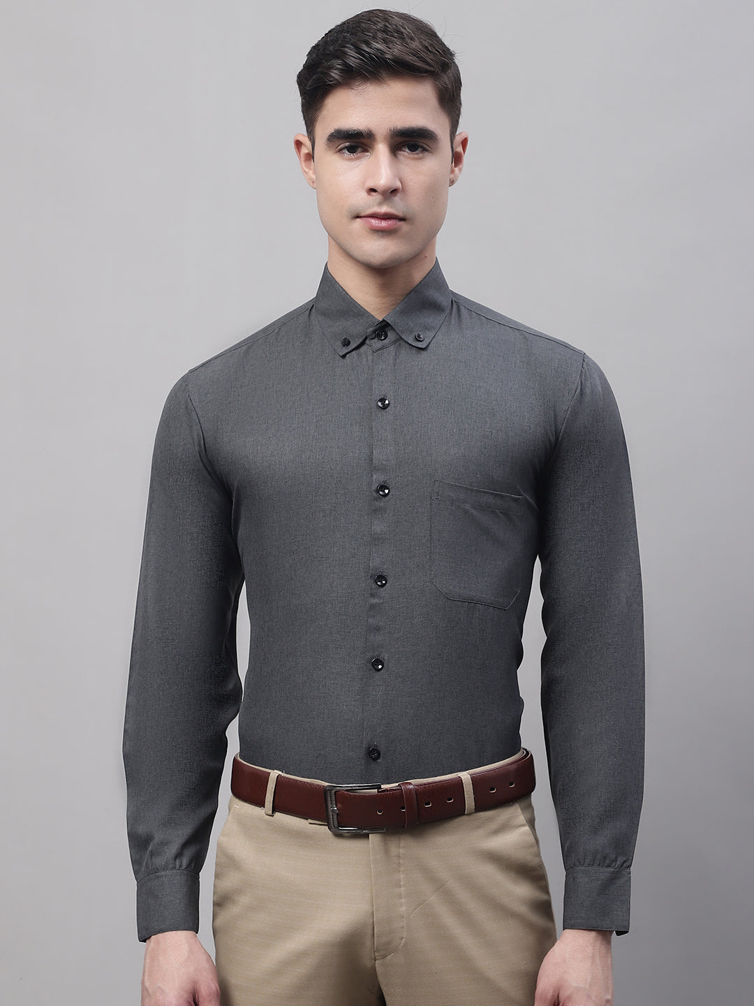 Men's Charcoal Cotton Solid Formal Shirt