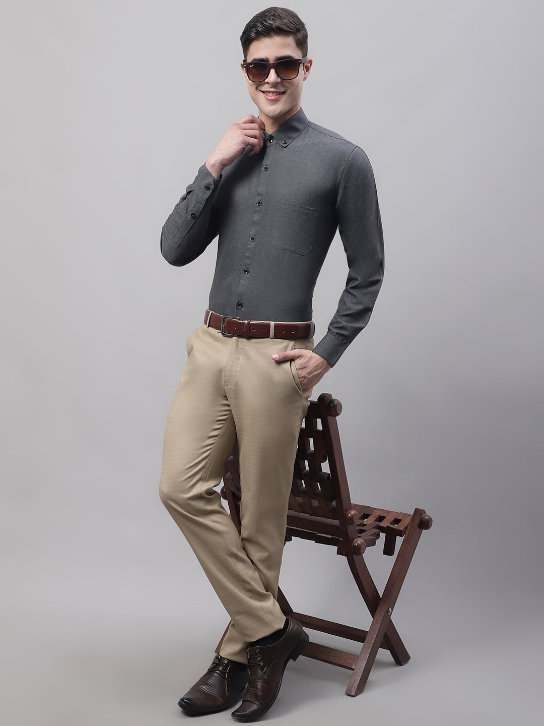 Men's Charcoal Cotton Solid Formal Shirt