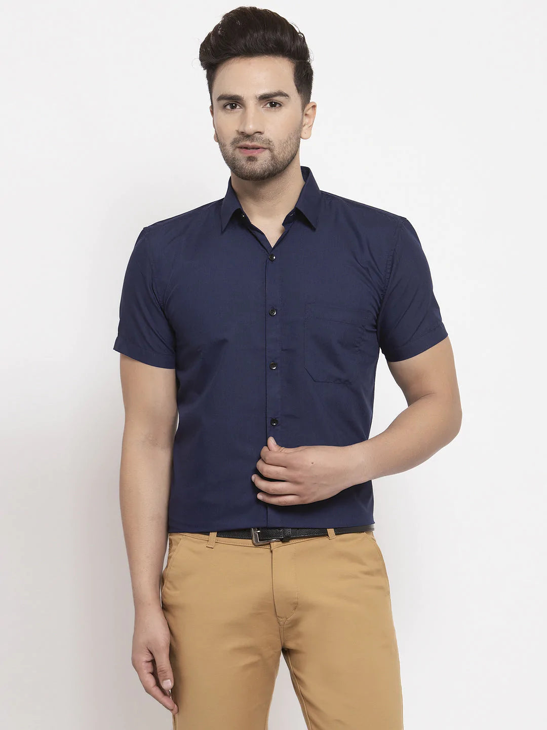Jainish Navy Men's Cotton Half Sleeves Solid Formal Shirts ( SF 754Navy )