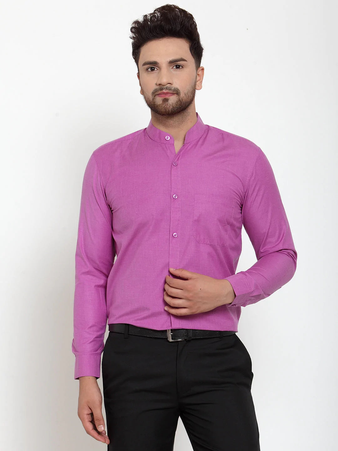 Jainish Pink Men's Cotton Solid Mandarin Collar Formal Shirts ( SF 757Wine )