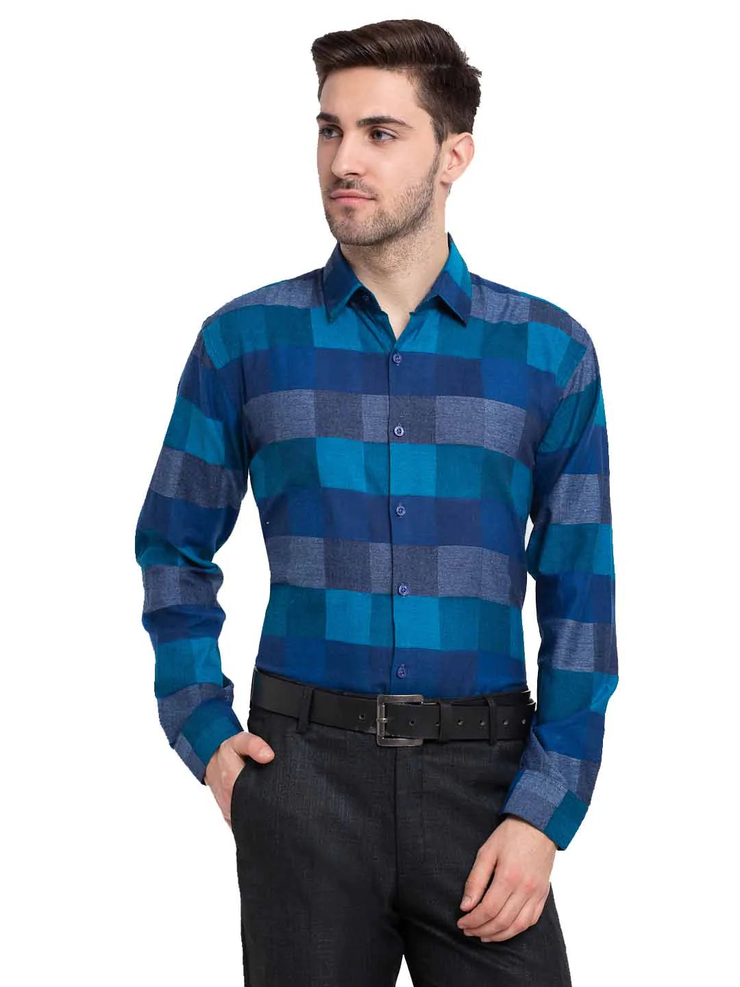 Jainish Blue Men's Checked Cotton Formal Shirt ( SF 787Blue )