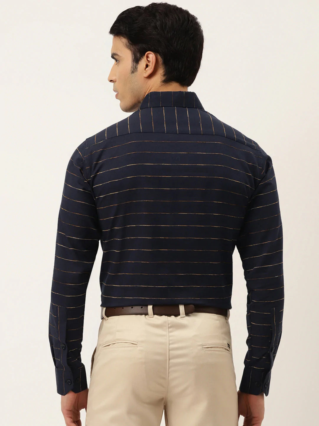 Jainish Men's Formal Cotton Horizontal Striped Shirt ( SF 790Navy )