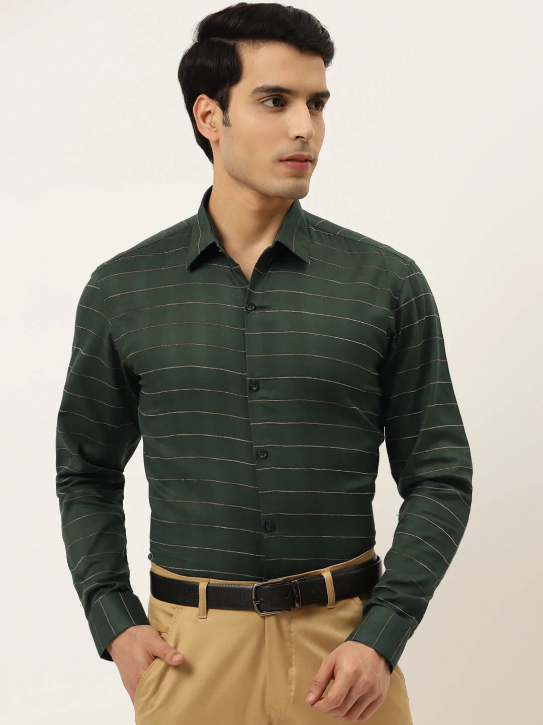 Jainish Men's Formal Cotton Horizontal Striped Shirt ( SF 790Olive )