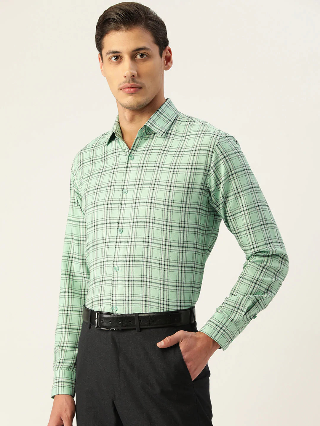 Jainish Men's Cotton Checked Formal Shirts ( SF 791Green )