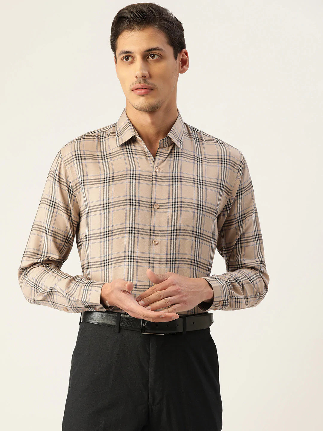 Jainish Men's Cotton Checked Formal Shirts ( SF 793Brown )