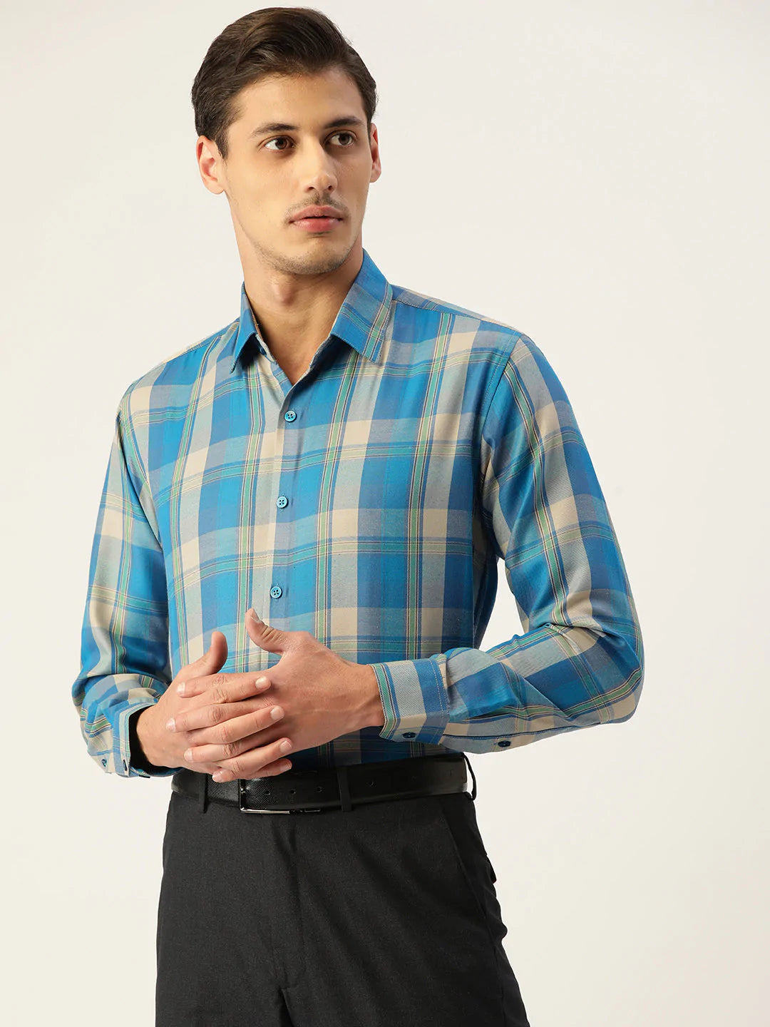 Jainish Men's Cotton Checked Formal Shirts ( SF 798Sky )