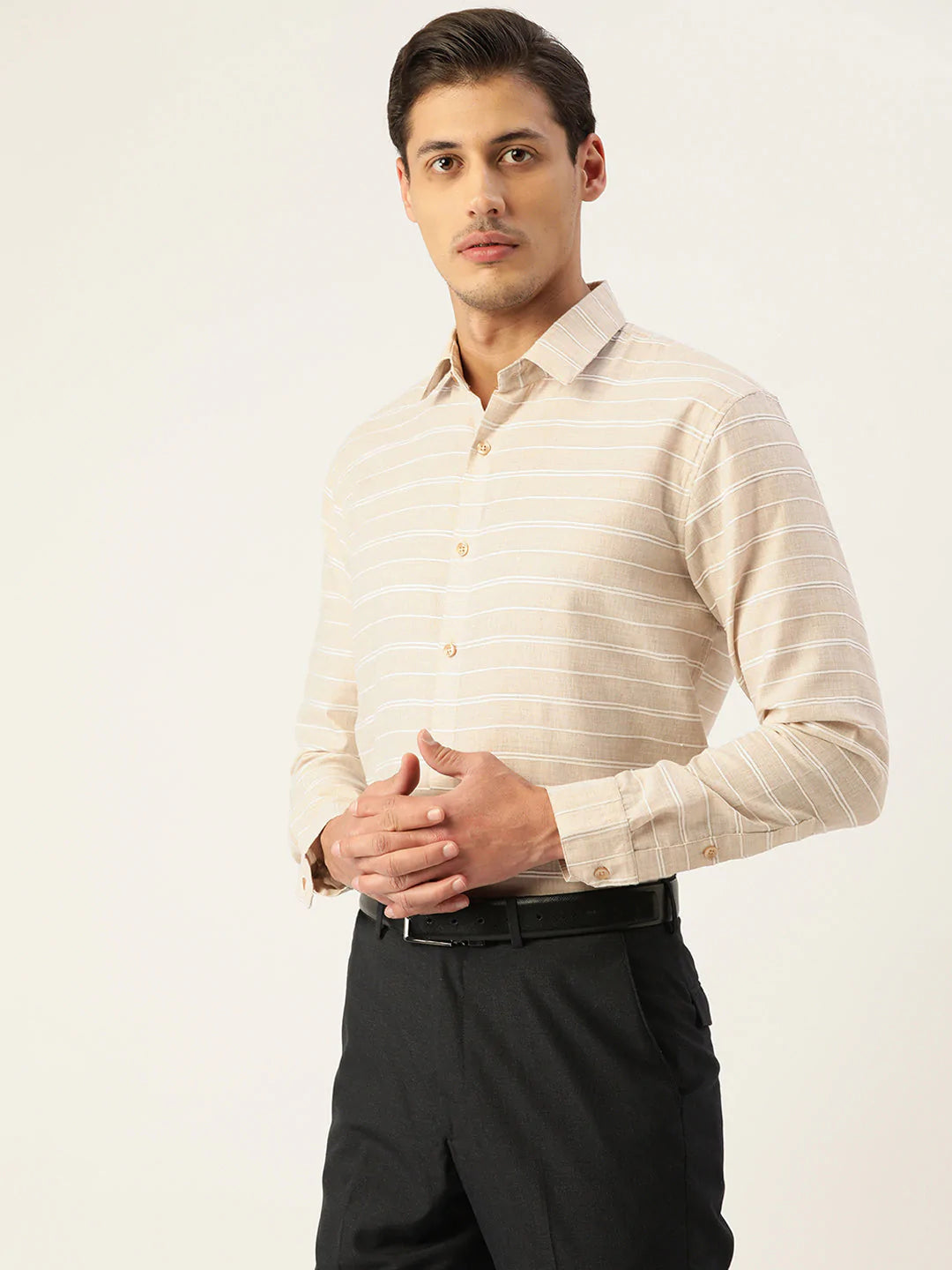 Jainish Men's Cotton Striped Formal Shirts ( SF 799Cream )