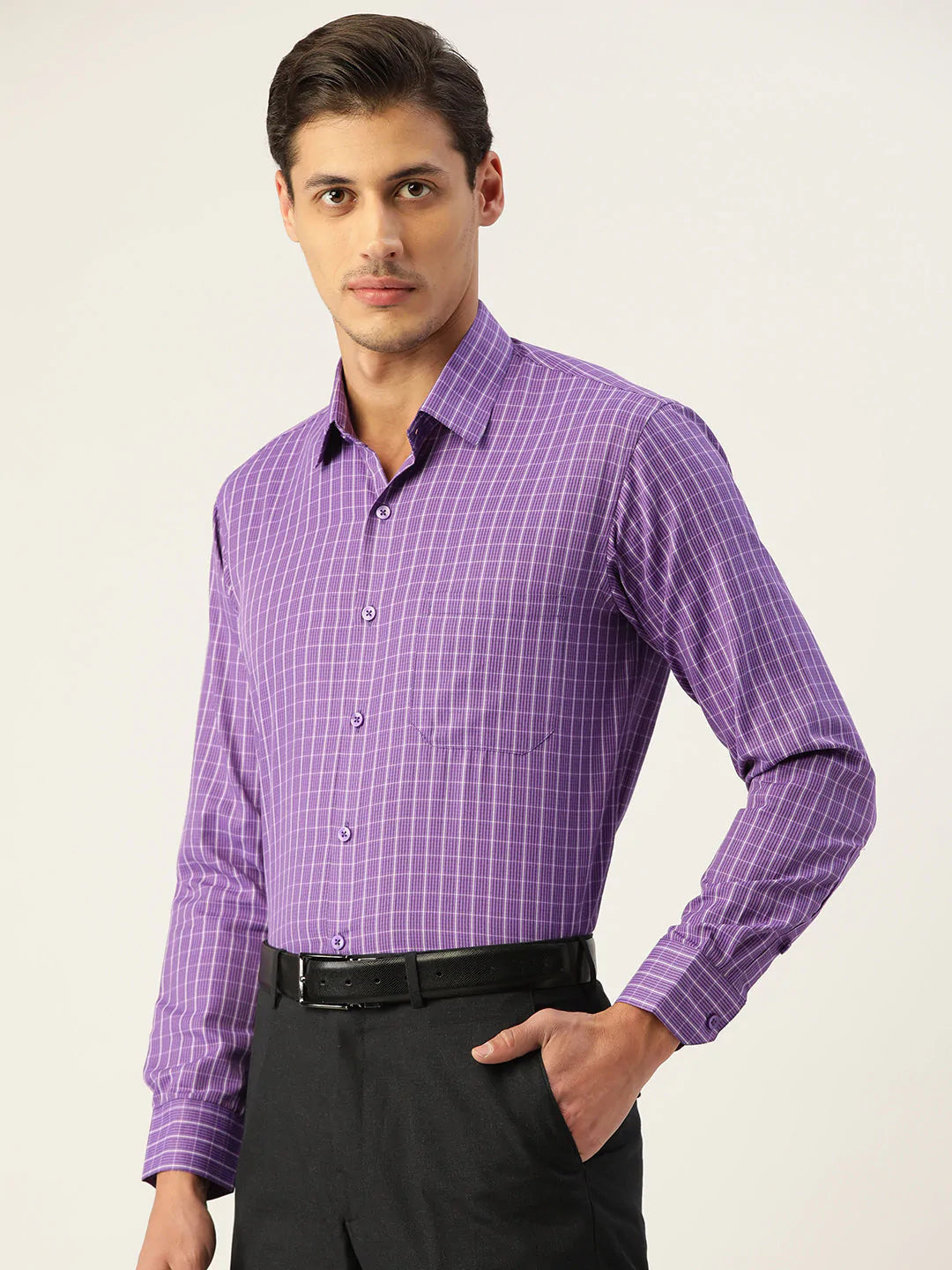 Jainish Men's Cotton Checked Formal Shirts ( SF 800Voilet )