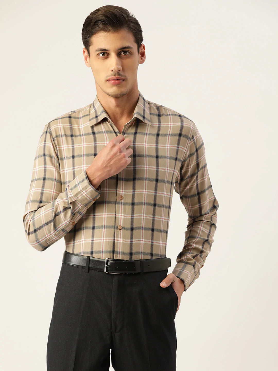 Jainish Men's Cotton Checked Formal Shirts ( SF 803Beige )