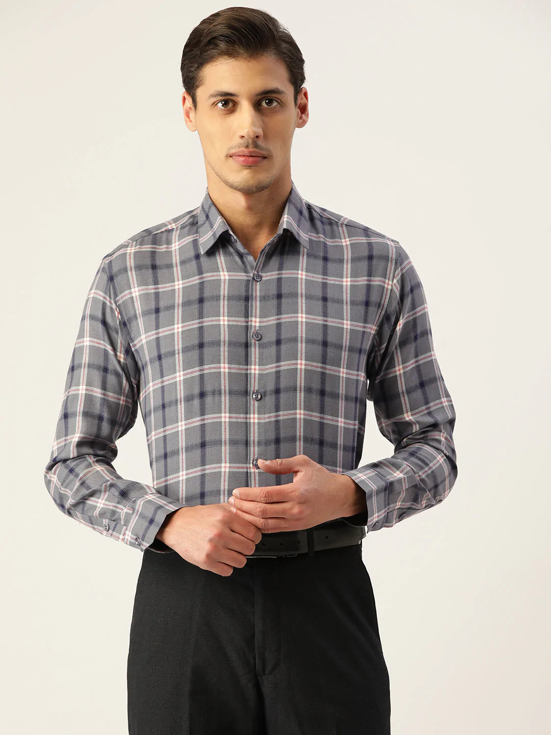 Jainish Men's Cotton Checked Formal Shirts ( SF 803Grey )