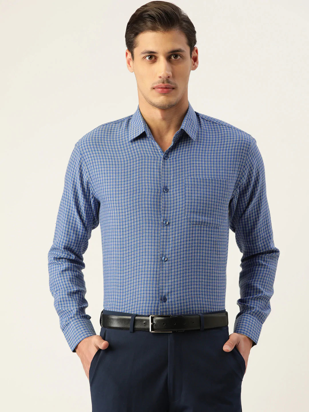 Jainish Men's Cotton Checked Formal Shirts ( SF 804Blue )